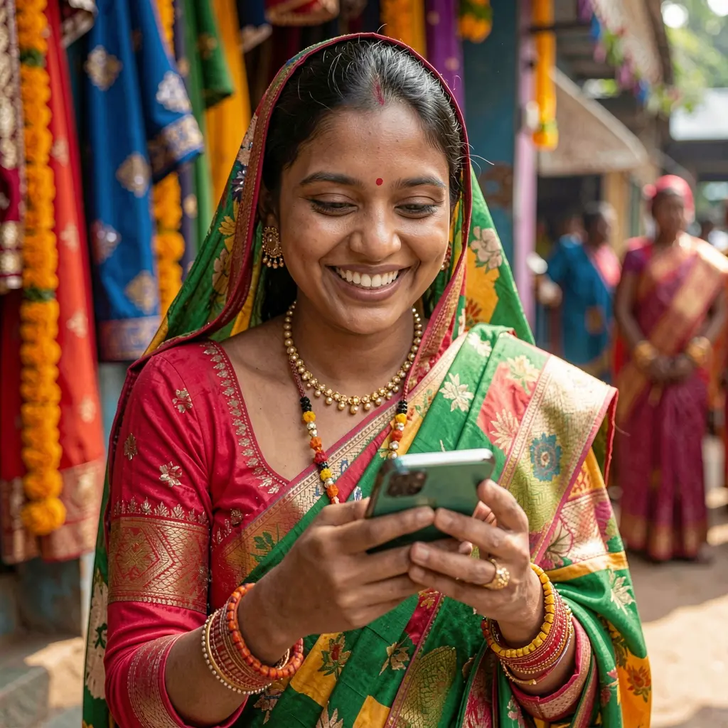 Young Bangladeshi woman smiling while using the 7i777 casino app on her smartphone in a colorful traditional setting