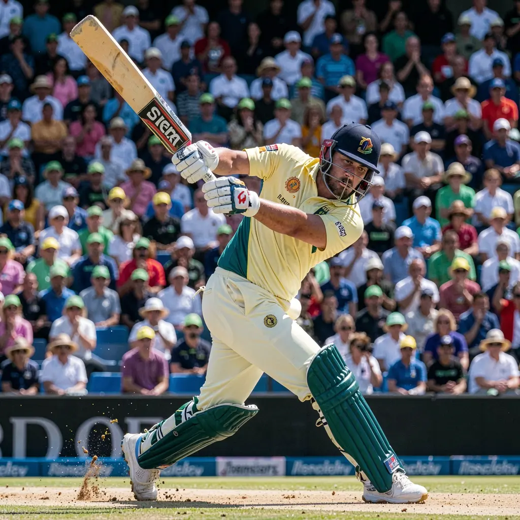 Dynamic moment of a cricket batsman striking the ball in a packed stadium highlighting thrilling match action and betting excitement with 7i777 in Bangladesh