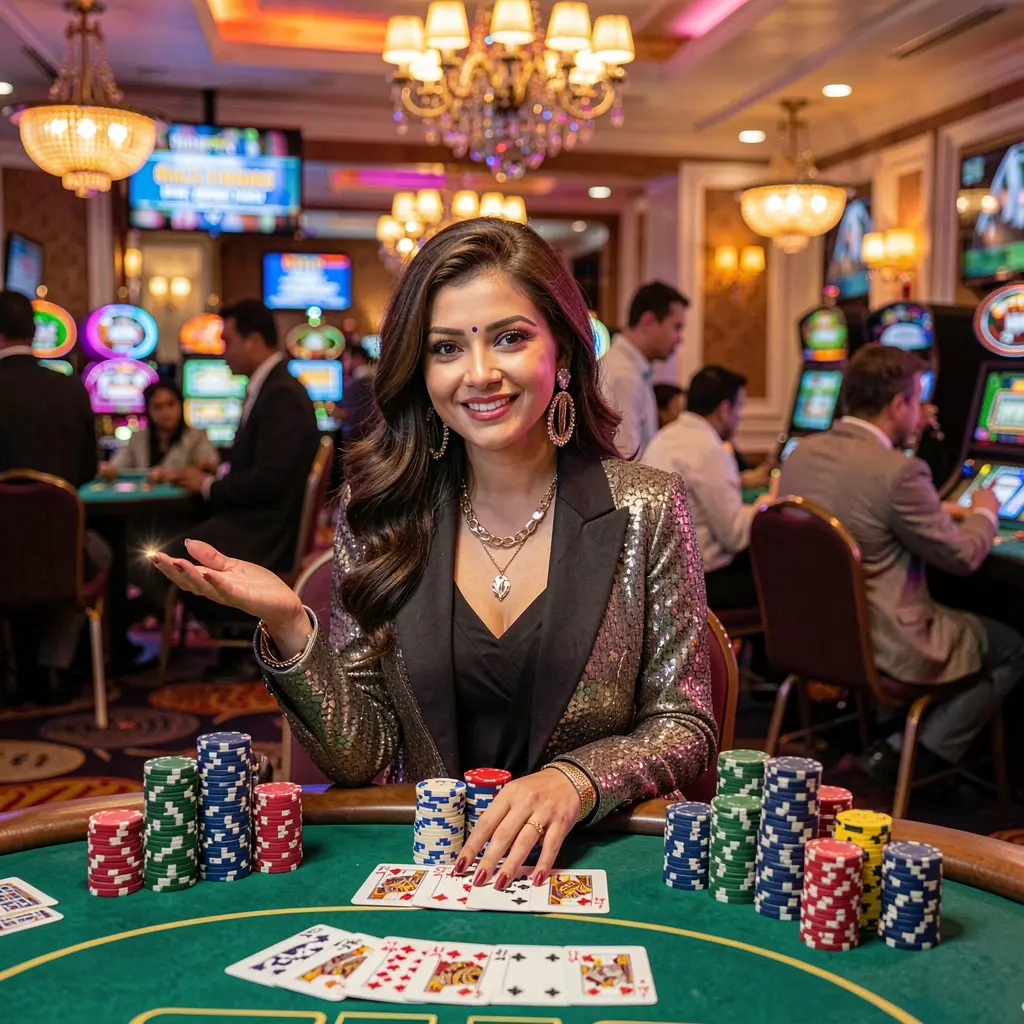 Confident casino dealer at a vibrant gaming table with stacked chips and cards highlighting the immersive live casino experience at 7i777 for players in Bangladesh