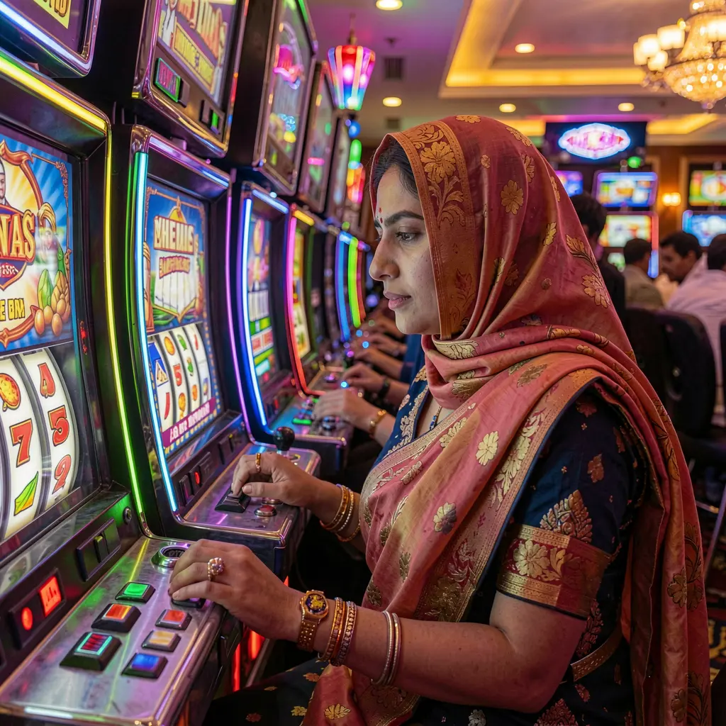 Focused Bangladeshi woman playing illuminated slot machines in a lively casino atmosphere at 7i777 surrounded by colorful lights and gaming action
